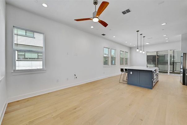 Dining room, Interior, Kitchen, Pendant Lights, Recessed Lighting, Wood Texture Flooring