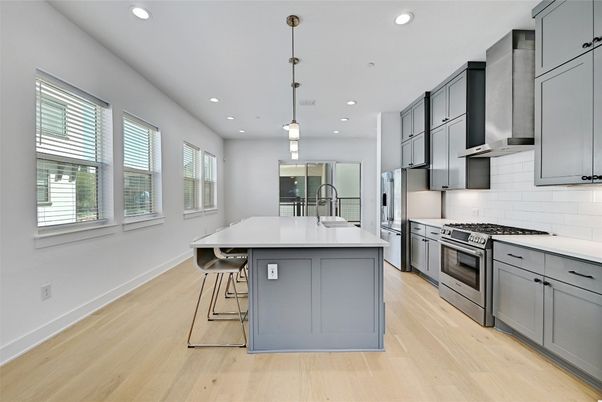 Interior, Kitchen, Pendant Lights, Recessed Lighting, Stainless Steel Appliances, Wood Texture Flooring