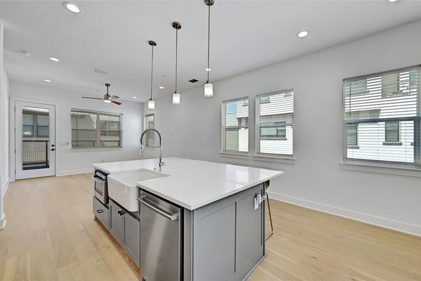 Interior, Kitchen, Pendant Lights, Recessed Lighting, Wood Texture Flooring
