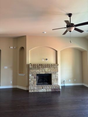 Empty room, Fireplace, Interior, Recessed Lighting, Wood Texture Flooring