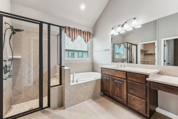 Bathroom, Dual Sink Vanities, Glass Shower, Interior, Recessed Lighting