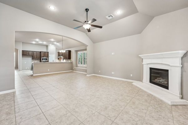 Empty room, Fireplace, Interior, Kitchen, Pendant Lights, Recessed Lighting