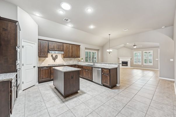 Fireplace, Interior, Kitchen, Pendant Lights, Recessed Lighting