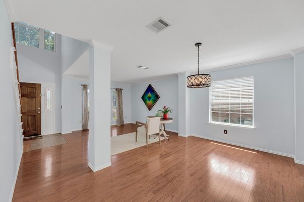 Dining room, Interior, Pendant Lights, Wood Texture Flooring