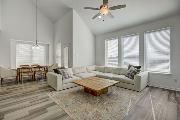 Dining room, Interior, Living room, Pendant Lights, Wood Texture Flooring