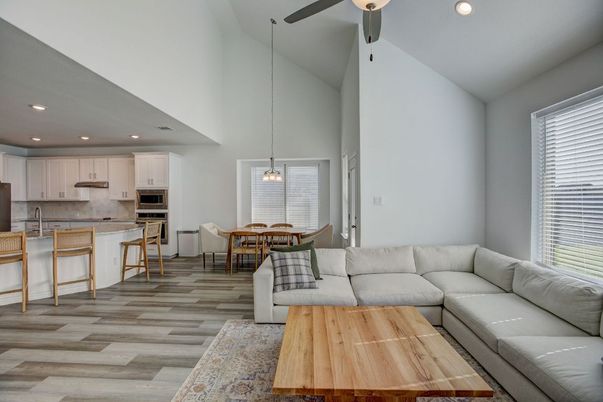 Dining room, Interior, Kitchen, Living room, Pendant Lights, Recessed Lighting, Stainless Steel Appliances, Wood Texture Flooring