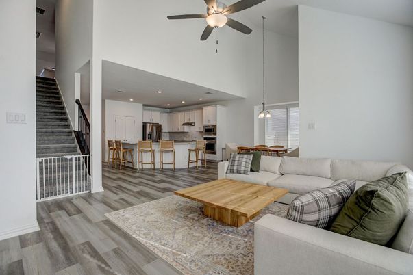 Dining room, Interior, Kitchen, Living room, Pendant Lights, Recessed Lighting, Stainless Steel Appliances, Wood Texture Flooring