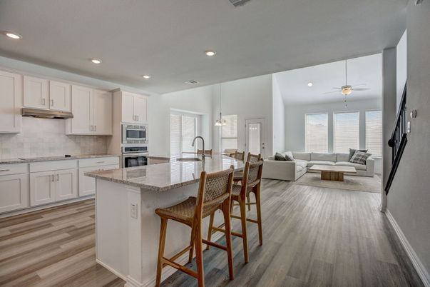 Interior, Kitchen, Living room, Pendant Lights, Recessed Lighting, Stainless Steel Appliances, Wood Texture Flooring