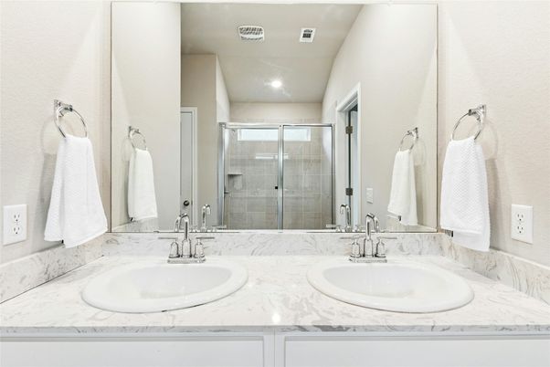 Bathroom, Dual Sink Vanities, Glass Shower, Interior, Recessed Lighting