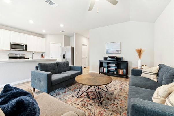 Interior, Kitchen, Living room, Recessed Lighting, Stainless Steel Appliances, Wood Texture Flooring