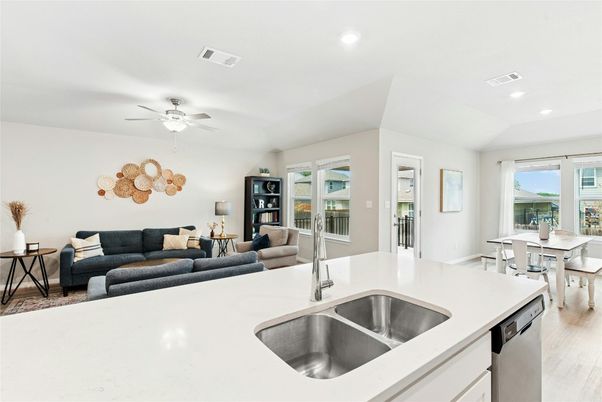 Dining room, Interior, Kitchen, Living room, Recessed Lighting, Wood Texture Flooring