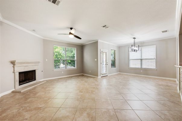 Chandelier, Empty room, Fireplace, Interior
