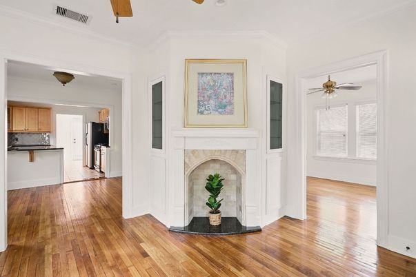 Fireplace, Interior, Kitchen, Wood Texture Flooring