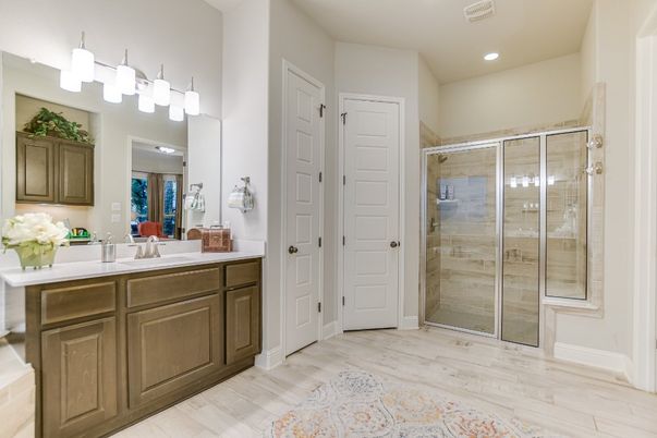 Bathroom, Glass Shower, Interior, Recessed Lighting, Wood Texture Flooring