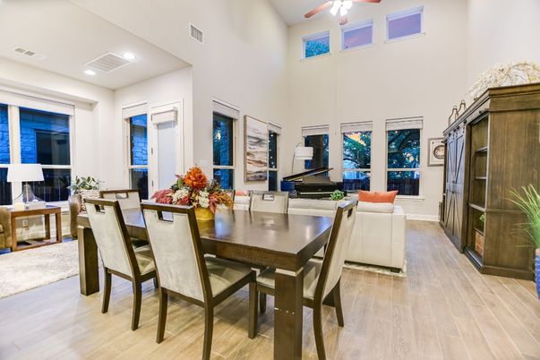 Dining room, Interior, Living room, Recessed Lighting, Wood Texture Flooring