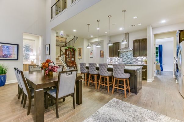 Dining room, Interior, Kitchen, Pendant Lights, Recessed Lighting, Wood Texture Flooring