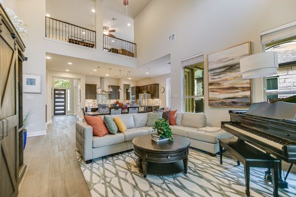 Interior, Kitchen, Living room, Pendant Lights, Piano, Recessed Lighting, Wood Texture Flooring