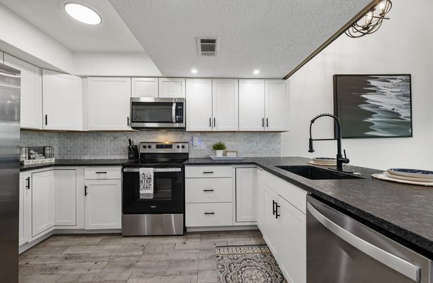Interior, Kitchen, Recessed Lighting, Stainless Steel Appliances, Wood Texture Flooring