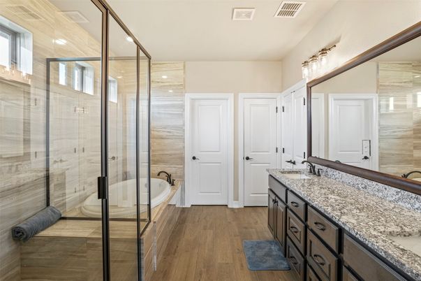 Bathroom, Glass Shower, Interior, Wood Texture Flooring