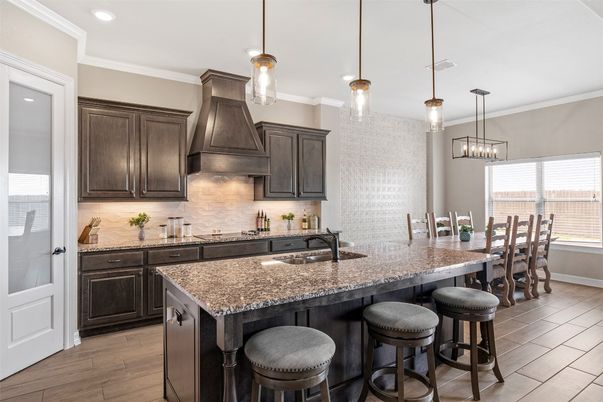 Dining room, Interior, Kitchen, Pendant Lights, Recessed Lighting, Wood Texture Flooring