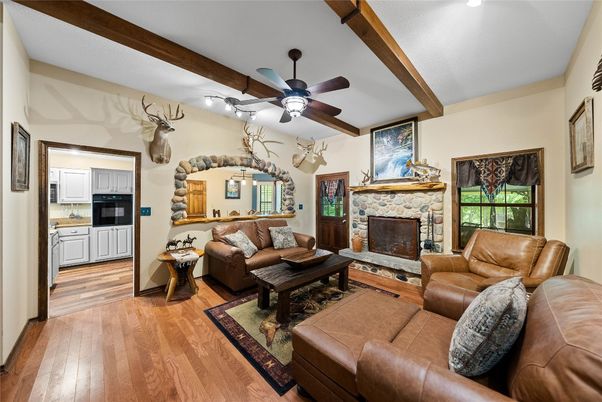 Fireplace, Interior, Kitchen, Living room, Recessed Lighting, Wooden Beams, Wood Texture Flooring