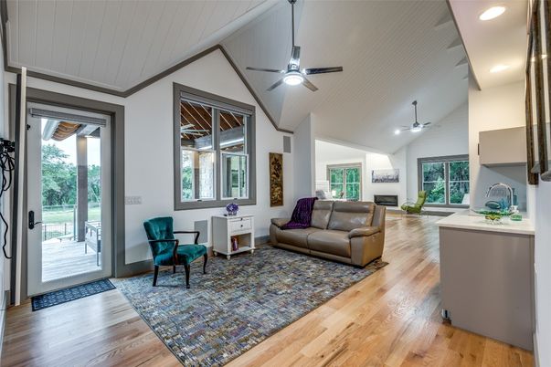 Fireplace, Interior, Living room, Recessed Lighting, Wood Texture Flooring