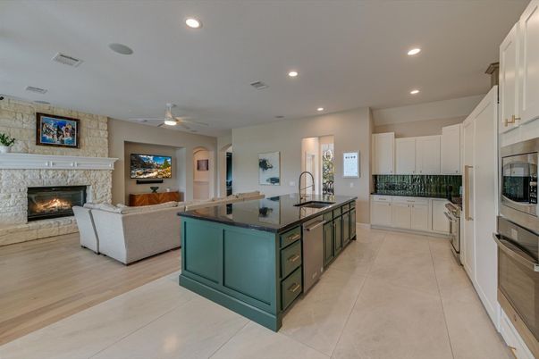 Fireplace, Interior, Kitchen, Living room, Recessed Lighting, Stone Walls