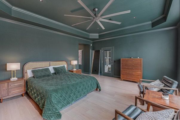 Bedroom, Interior, Recessed Lighting, Wood Texture Flooring