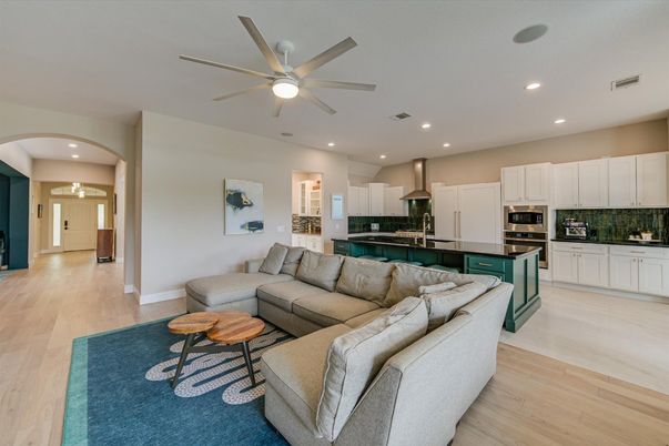 Interior, Kitchen, Living room, Recessed Lighting, Stainless Steel Appliances, Wood Texture Flooring