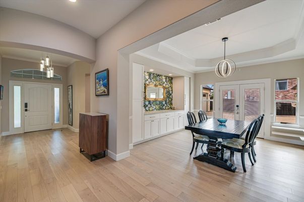 Dining room, Interior, Pendant Lights, Recessed Lighting, Wood Texture Flooring