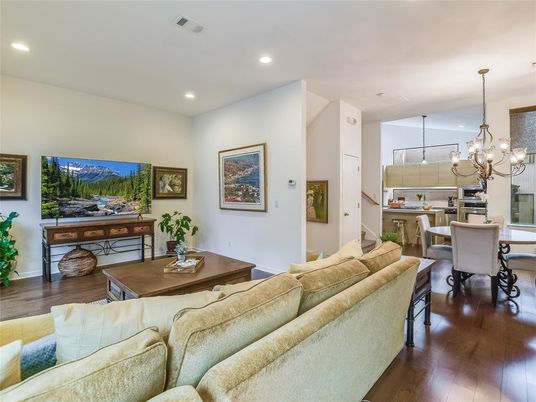 Chandelier, Dining room, Interior, Kitchen, Living room, Recessed Lighting, Wood Texture Flooring