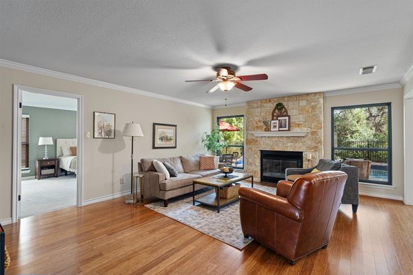 Fireplace, Interior, Living room, Stone Walls, Wood Texture Flooring