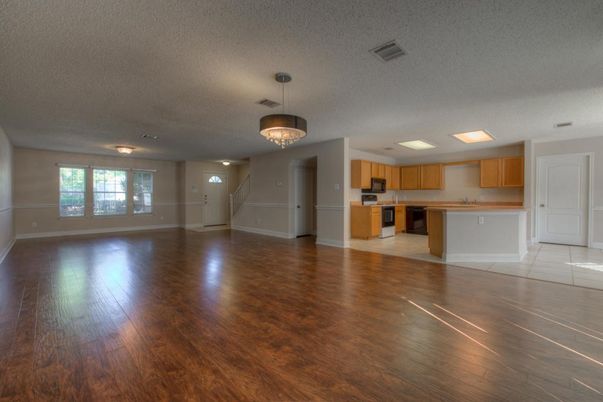 Chandelier, Empty room, Interior, Kitchen, Wood Texture Flooring