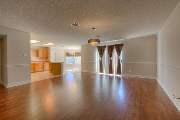 Chandelier, Empty room, Interior, Kitchen, Pendant Lights, Wood Texture Flooring