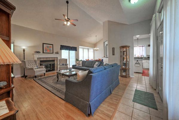 Fireplace, Interior, Kitchen, Living room, Pendant Lights, Wood Texture Flooring