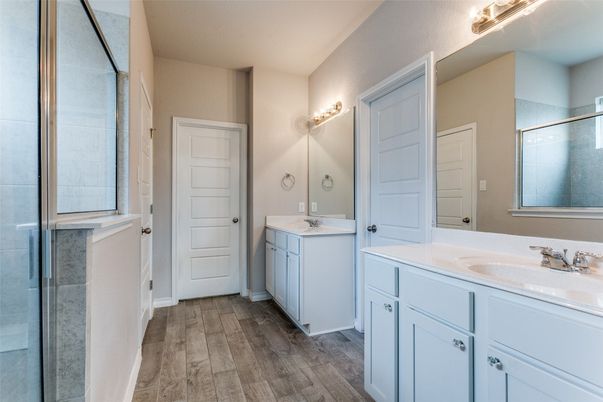 Bathroom, Dual Sink Vanities, Glass Shower, Interior, Wood Texture Flooring