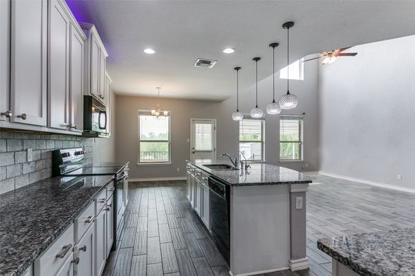 Chandelier, Interior, Kitchen, Pendant Lights, Recessed Lighting, Wood Texture Flooring