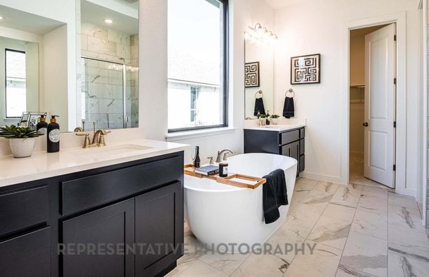 Bathroom, Dual Sink Vanities, Free Standing Baths, Interior, Marble, Marble Walls, Recessed Lighting