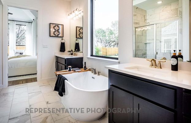 Bathroom, Bedroom, Dual Sink Vanities, Free Standing Baths, Glass Shower, Interior, Marble, Marble Walls, Recessed Lighting, Wood Texture Flooring