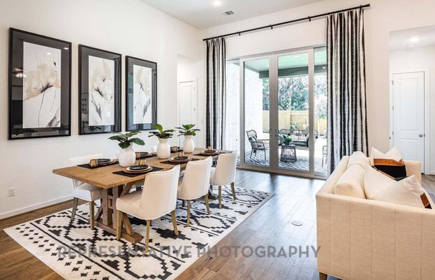 Dining room, Interior, Recessed Lighting, Wood Texture Flooring