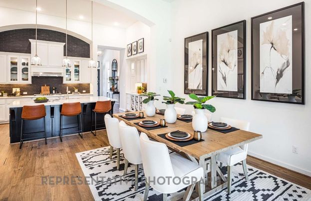 Dining room, Interior, Kitchen, Pendant Lights, Recessed Lighting, Wood Texture Flooring