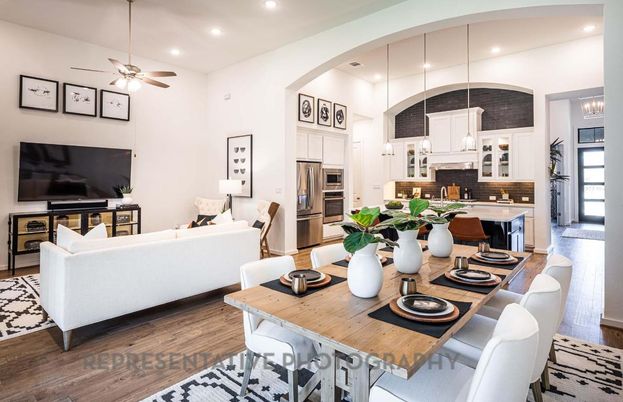 Dining room, Interior, Kitchen, Living room, Pendant Lights, Recessed Lighting, Stainless Steel Appliances, Wood Texture Flooring