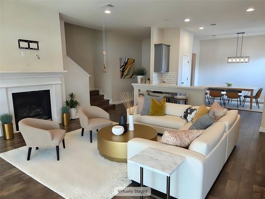 Dining room, Fireplace, Interior, Living room, Pendant Lights, Recessed Lighting, Wood Texture Flooring