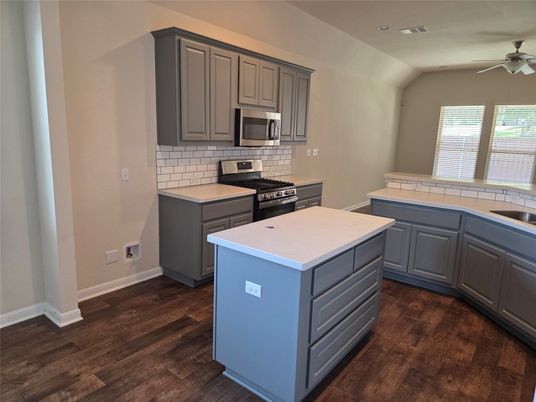 Interior, Kitchen, Tile Countertops, Wood Texture Flooring