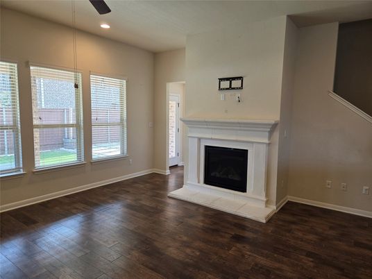 Empty room, Fireplace, Interior, Pendant Lights, Recessed Lighting, Wood Texture Flooring