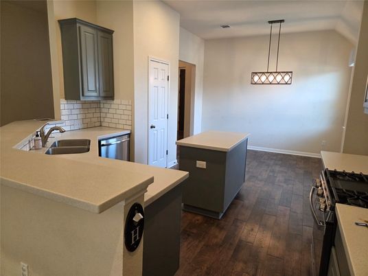 Interior, Kitchen, Pendant Lights, Wood Texture Flooring