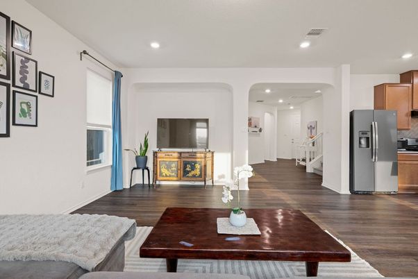 Interior, Kitchen, Living room, Recessed Lighting, Stainless Steel Appliances, Wood Texture Flooring