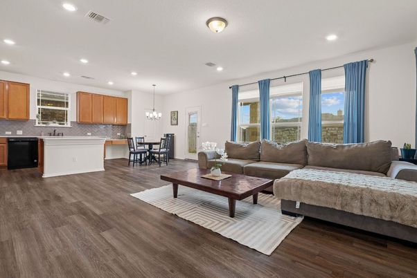 Chandelier, Dining room, Interior, Kitchen, Living room, Recessed Lighting, Wood Texture Flooring