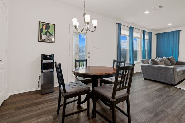 Chandelier, Dining room, Interior, Living room, Recessed Lighting, Wood Texture Flooring
