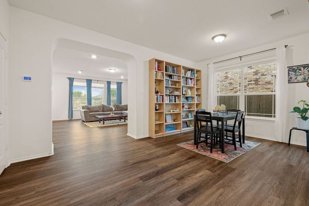 Dining room, Interior, Living room, Recessed Lighting, Wood Texture Flooring